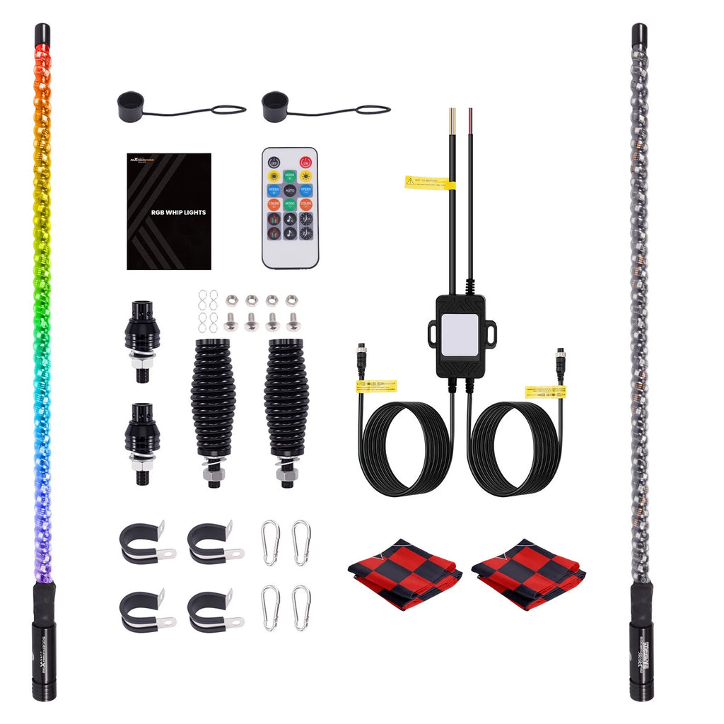 Pair of 3FT RGB LED Whip Lights for ATV UTV RZR Jeep (App & Remote)