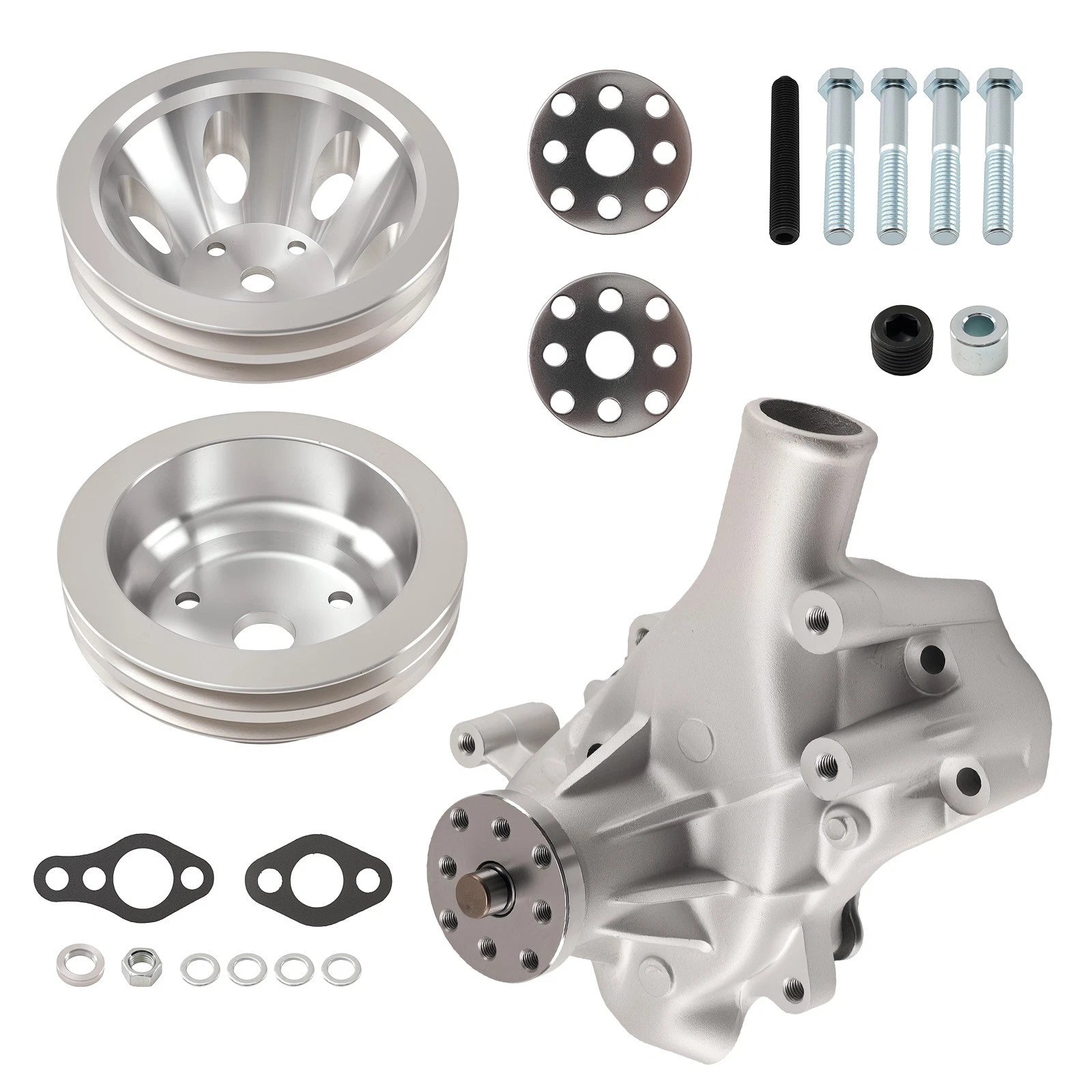 Aluminum Long Water Pump & 2 Groove Crankshaft Pulley Kit for Chevy SBC (305-350)