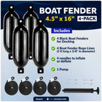 Set of 4 Inflatable Ribbed Marine Boat Fenders 4.5" x 16" Black