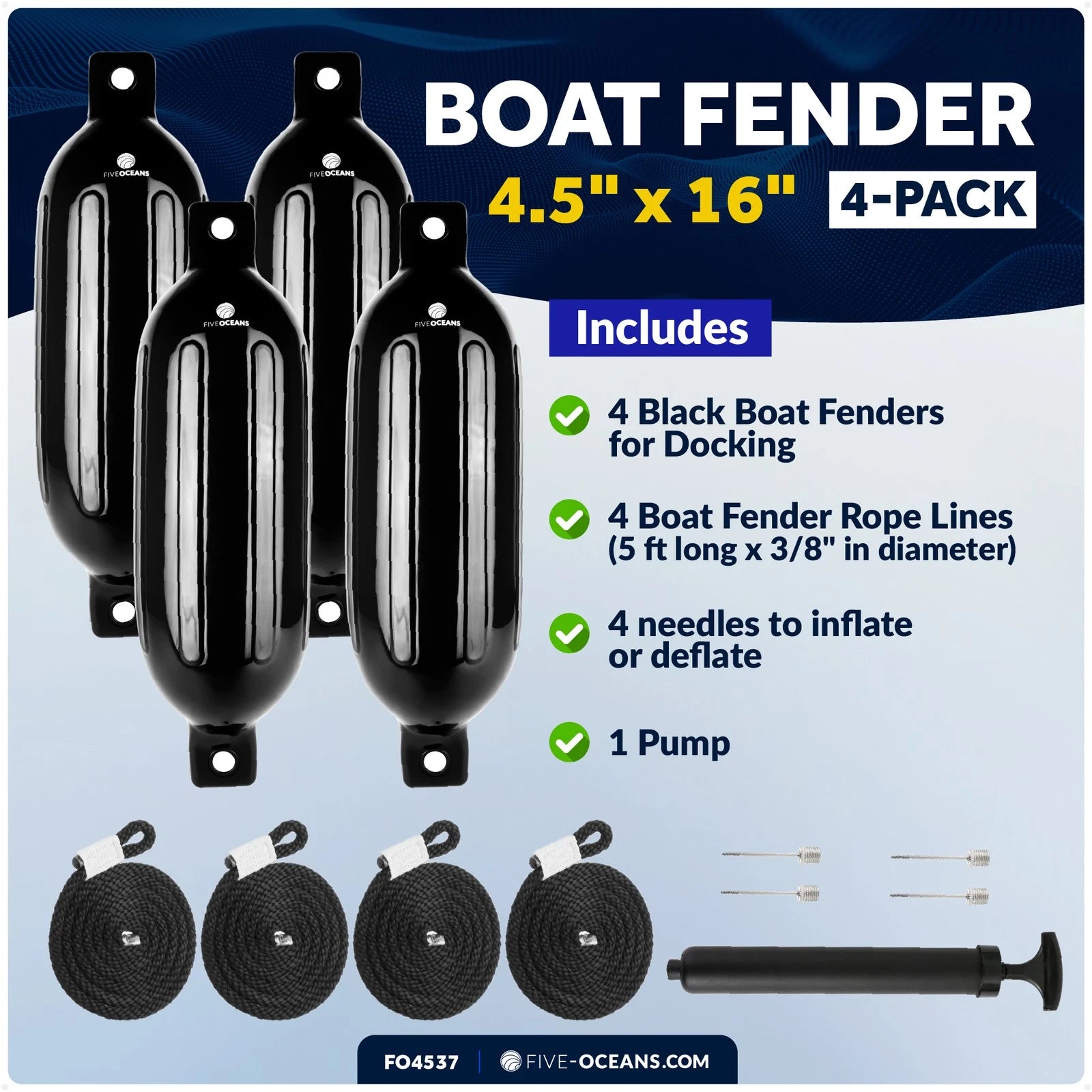 Set of 4 Inflatable Ribbed Marine Boat Fenders 4.5" x 16" Black