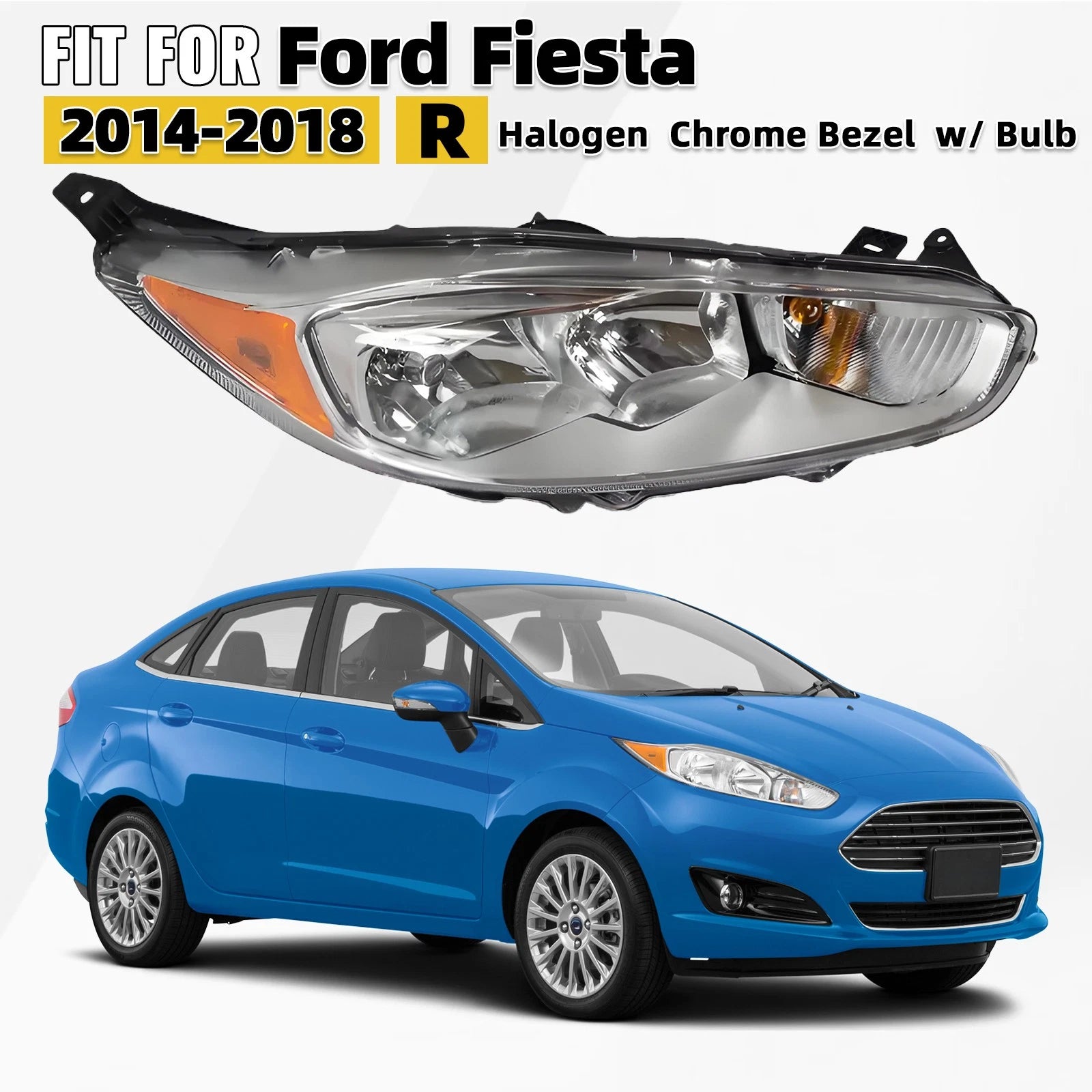 Halogen Headlight with Bulb for Ford Fiesta (2014–2018) Right Passenger Side
