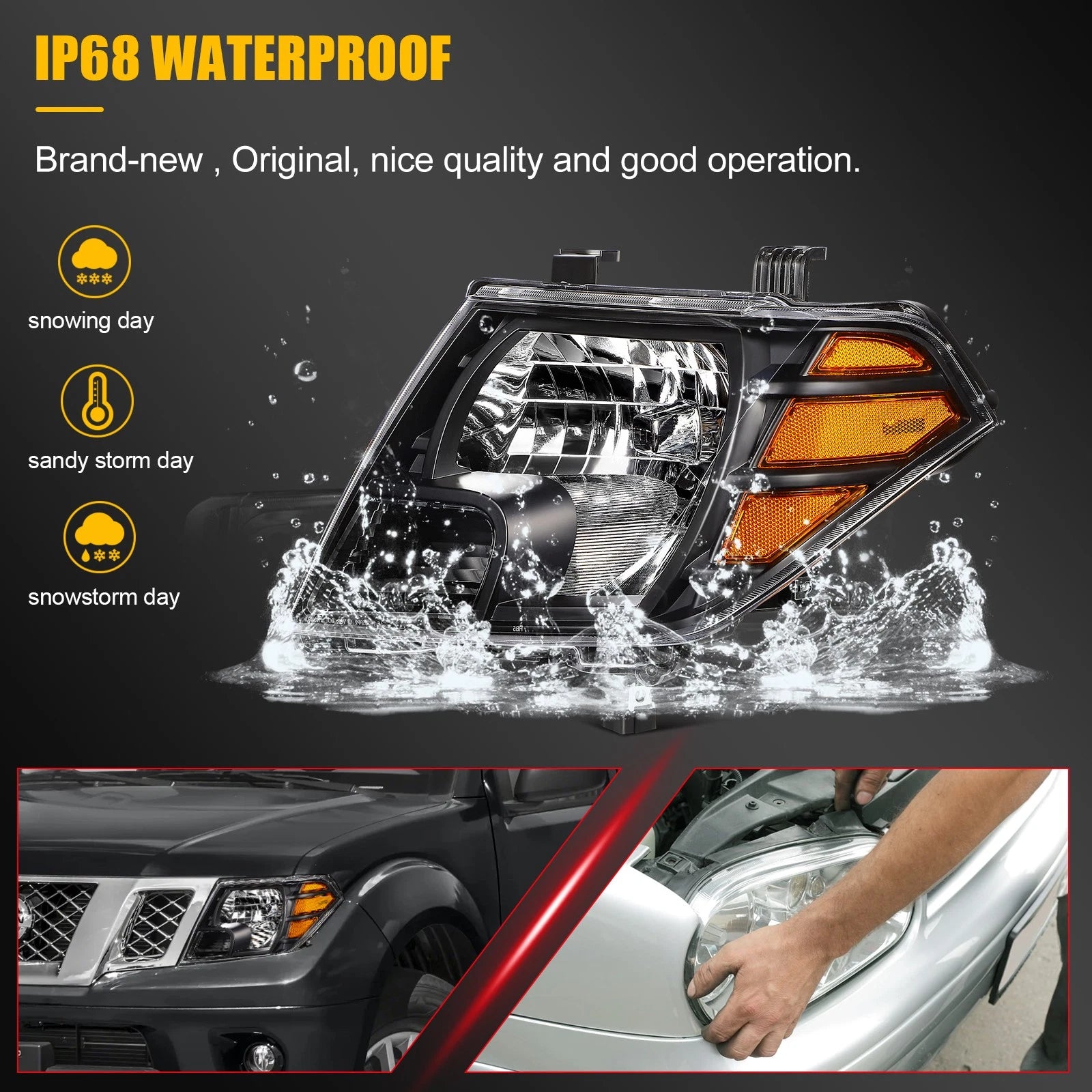 Headlight Assembly for Nissan Frontier (2009–2021) Black Amber