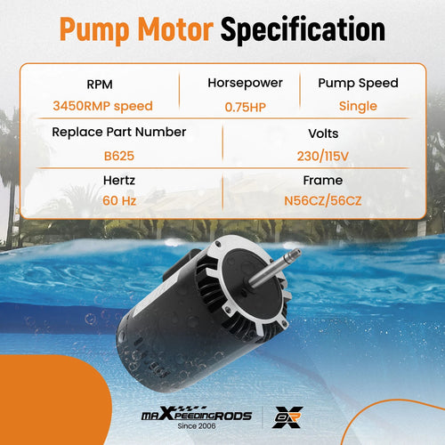 0.75HP Pool Motor Replacement for Polaris PB4-60 B625 (Single Speed, 230V)