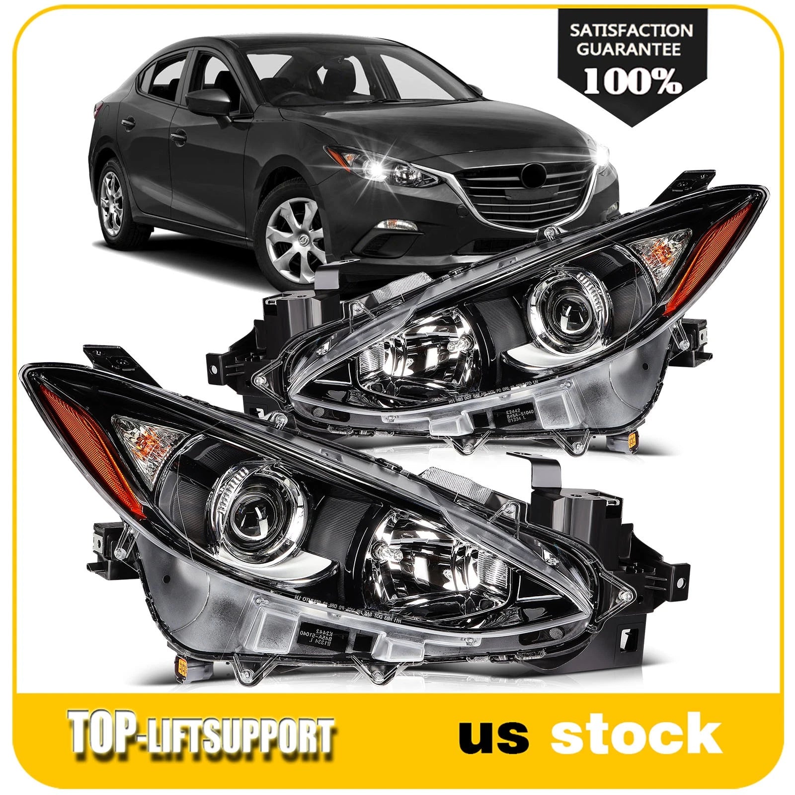Pair Headlight Assembly for Mazda 3 (2014–2016) with Projector Black Housing