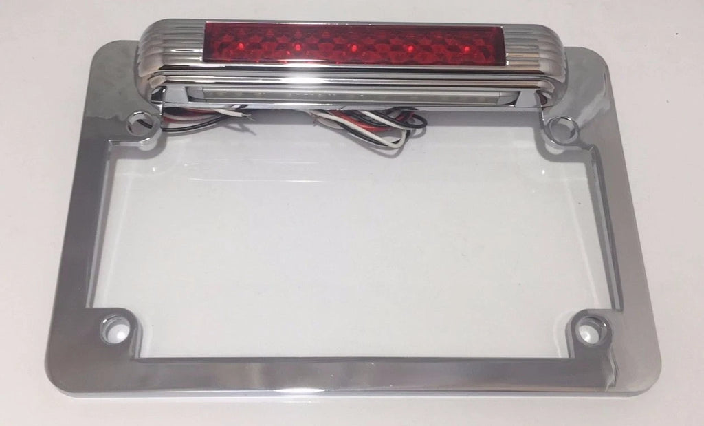 Chrome Motorcycle License Plate Frame Replacement with LED Third Brake Light for