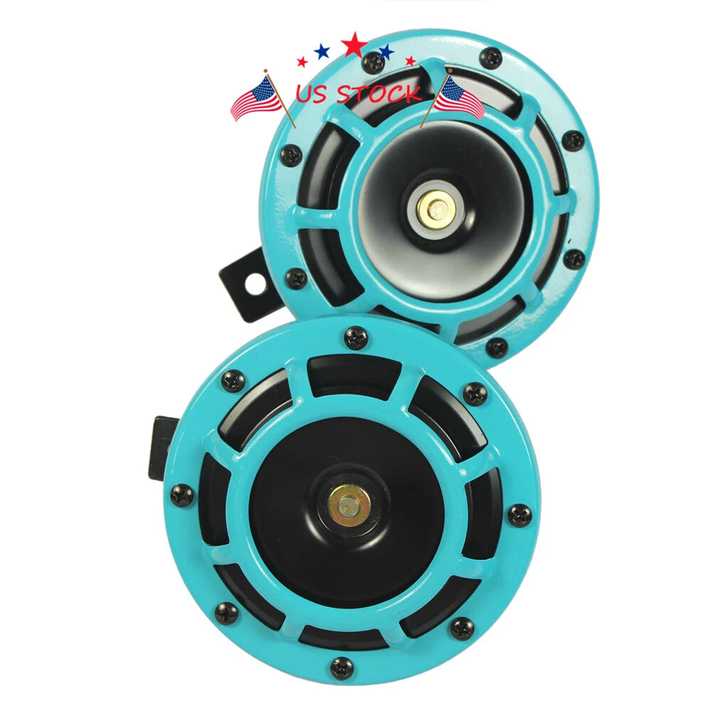 Set of 2 Blue 12V Loud Blast Tone Electric Car Horns for Universal Fit