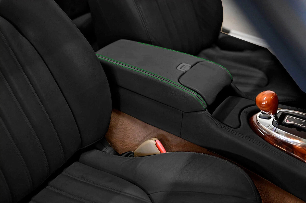 Leather Console Lid Armrest Cover for Jaguar XK XK8 XKR (1997–2006) Green Stitch