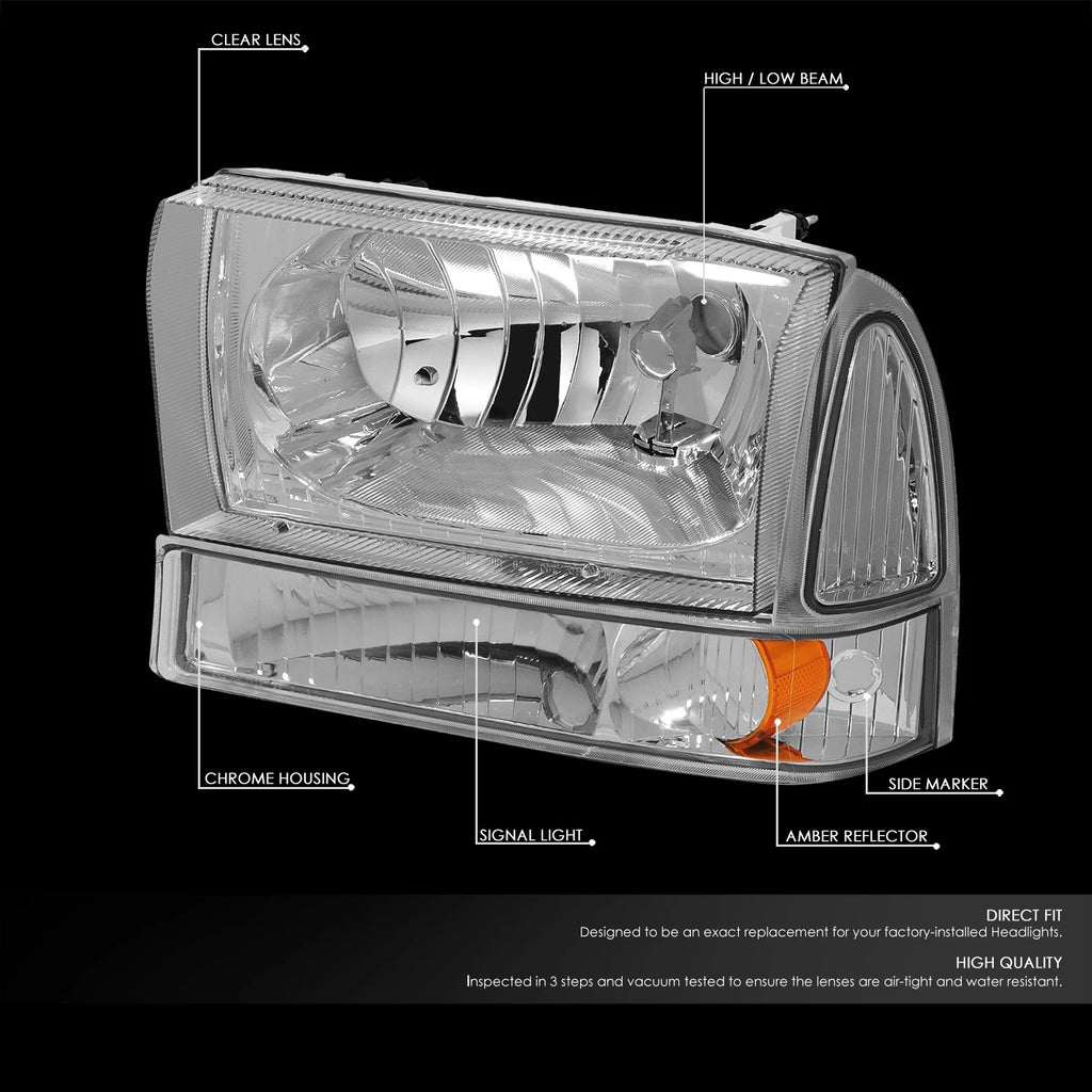 Set of 2 Chrome Amber Signal Headlight Lamps for Ford Super Duty (1999–2004)
