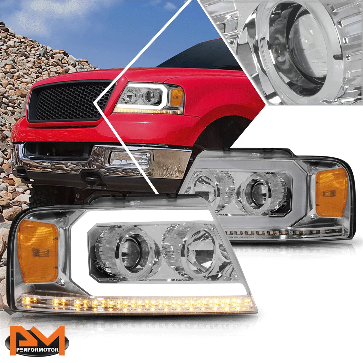 LED DRL Sequential Turn Signal Projector Headlights for F150 (2004–2008)