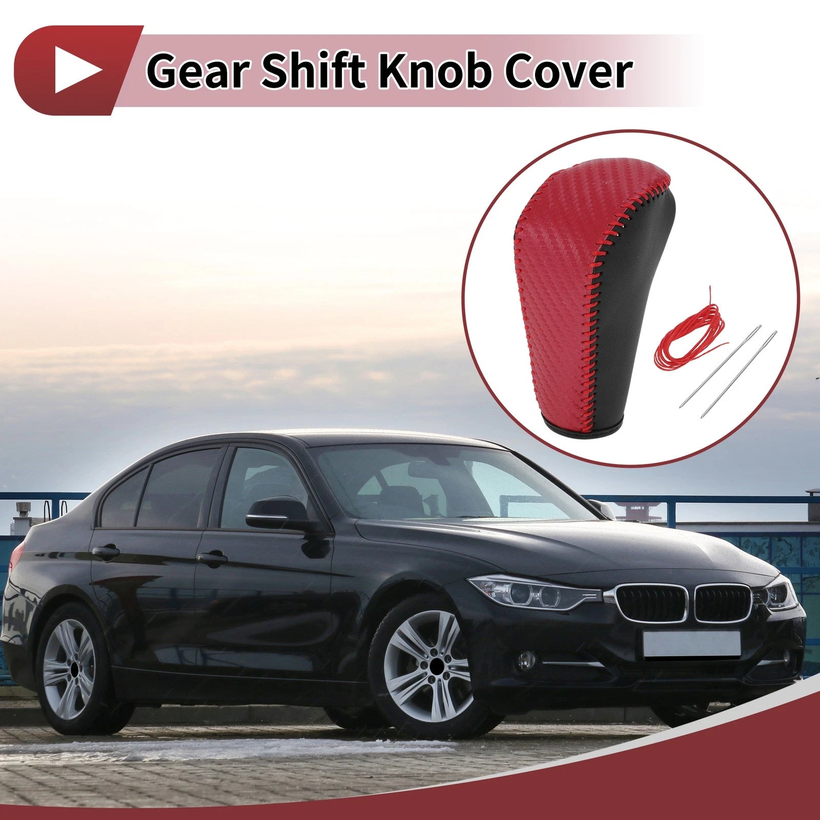 1 Pc Gear Shift Knob Cover for BMW 3 Series E90 (2007–2013) Black Red Faux Leather