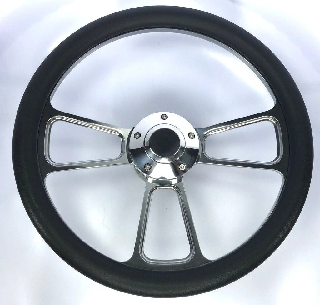 14in Polished Billet 5 Hole Steering Wheel Black Leather Horn Button for Universal
