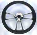 14in Polished Billet 5 Hole Steering Wheel Black Leather Horn Button for Universal