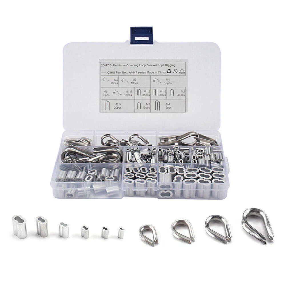 250Pcs Thimble & 6 Size Crimping Loop Sleeves for Wire Rope Cable