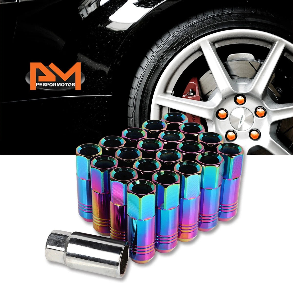 Set of 20 M12X1.5 Neo Chrome Open End Conical Wheel Lug Nuts + Extension 20mm