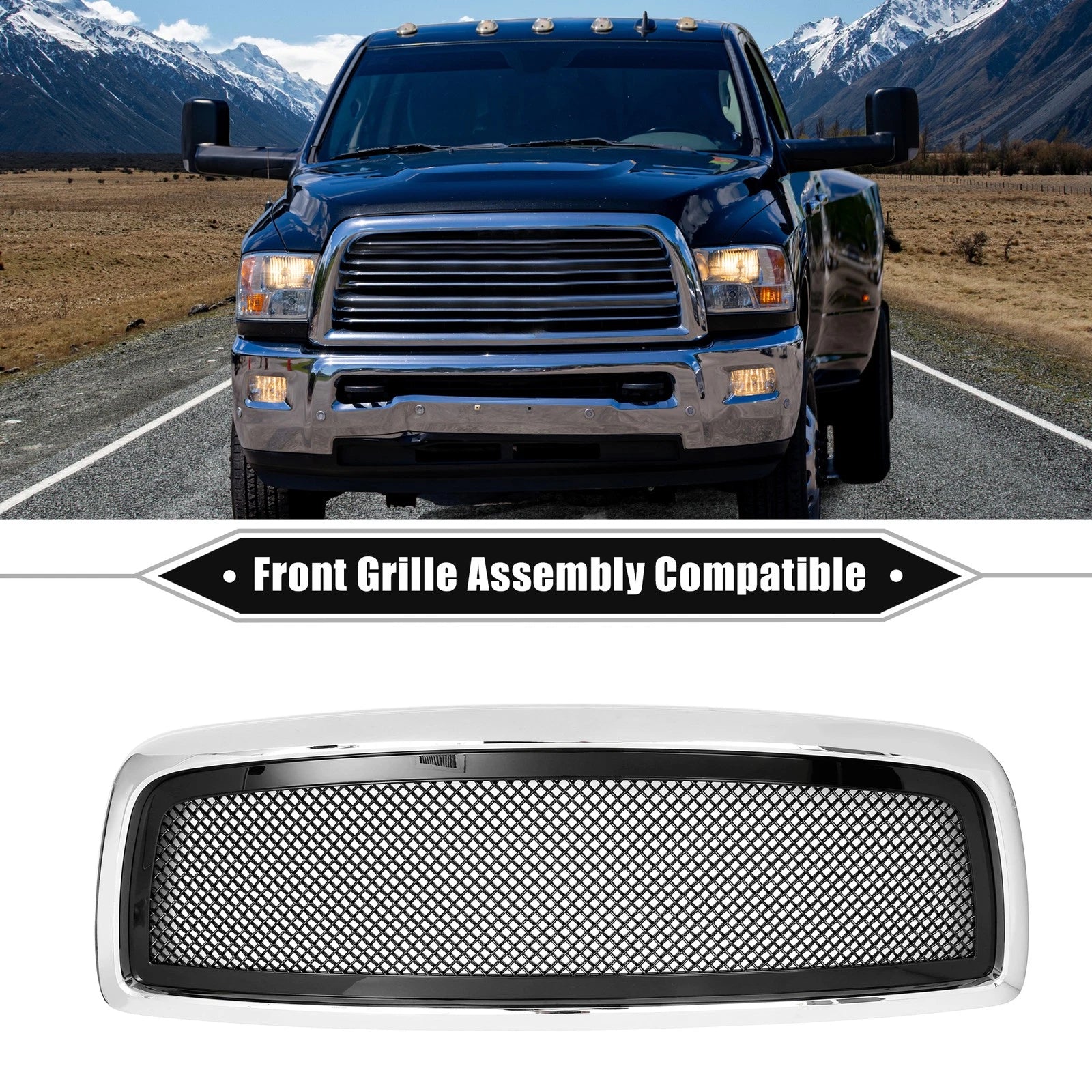 Front Grille Assembly for Dodge Ram 1500 (Chrome, Silver Tone, Gloss Black)