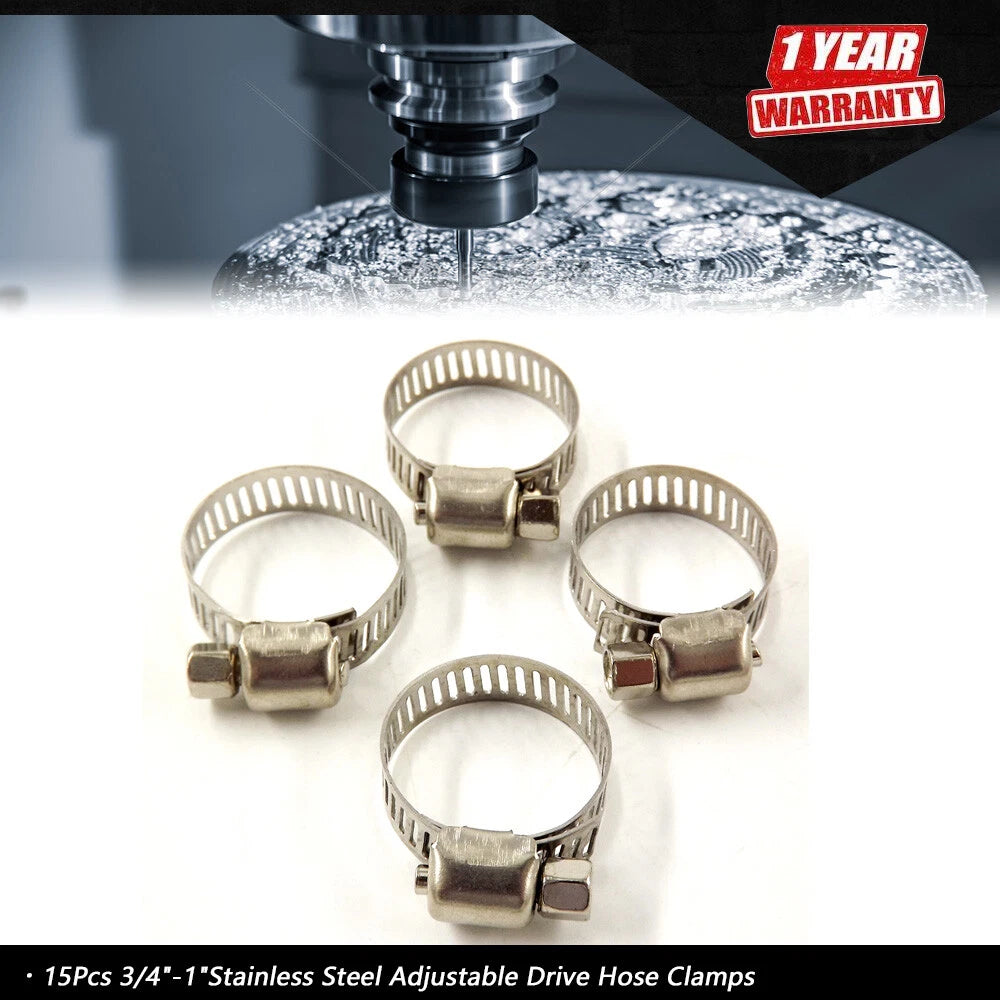 15pcs Stainless Steel Adjustable Hose Clamps for Fuel Line (Universal)