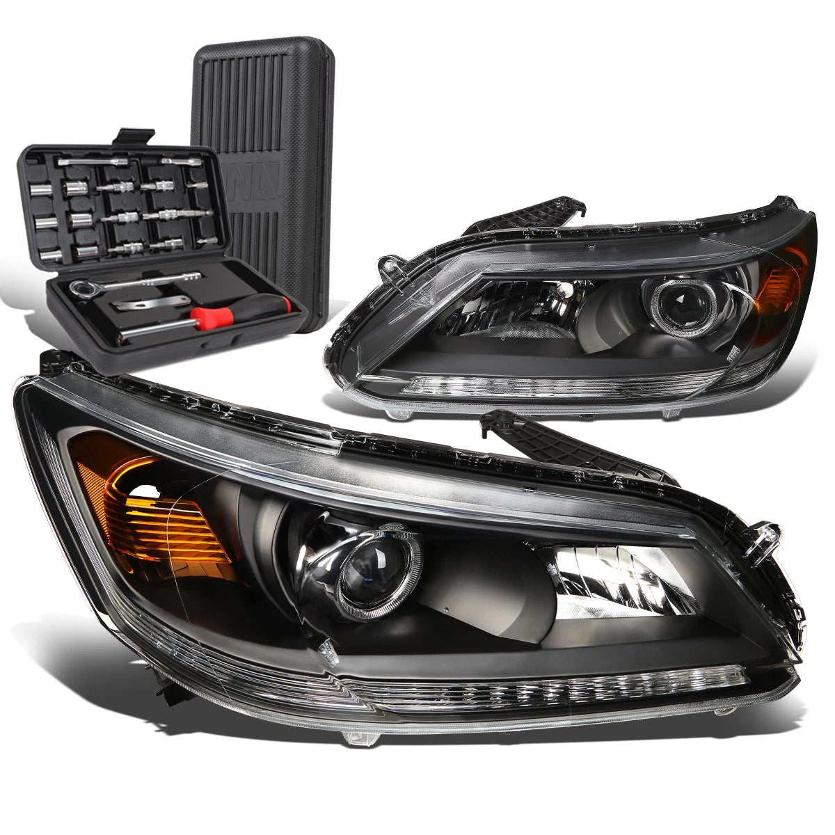 Pair of Projector Headlights for Honda Accord Sedan (2013–2015) - Black/Amber