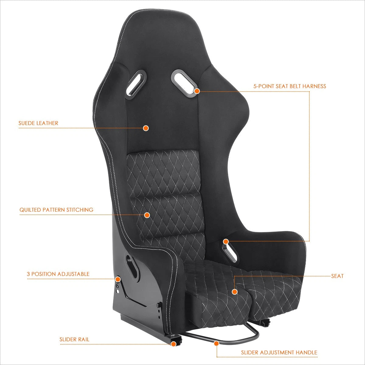 Pair Racing Bucket Seats for Universal Fit (Suede Leather, Black)