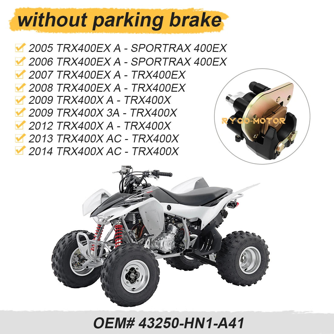 Rear Brake Caliper & Pads for Honda Sportrax 400 TRX400EX TRX400X (2005–2014)