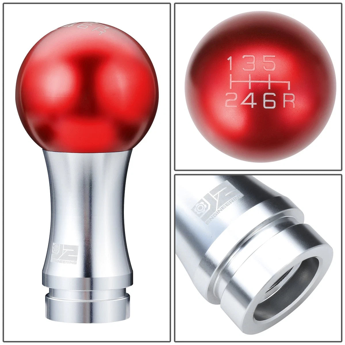 2-Piece 48mm Aluminum Red Silver Shift Knob for