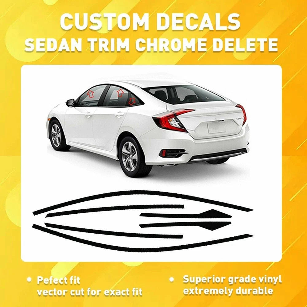 Set of 6 Glossy Black Chrome Delete Window Trims for Honda Civic Sedan (2016–2021)