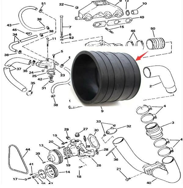Elbow Exhaust Hose for OMC Sterndrive Volvo Penta 4.3/5.0/5.7/5.8/7.4/7.5/8.2 (1990–2023)