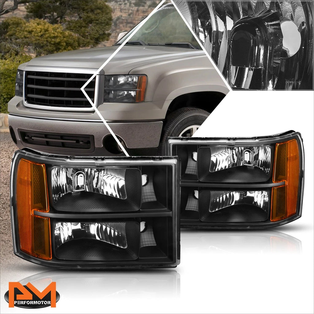 Black Housing Headlight Amber Corner Signal Lamps for GMC Sierra (2007–2014)