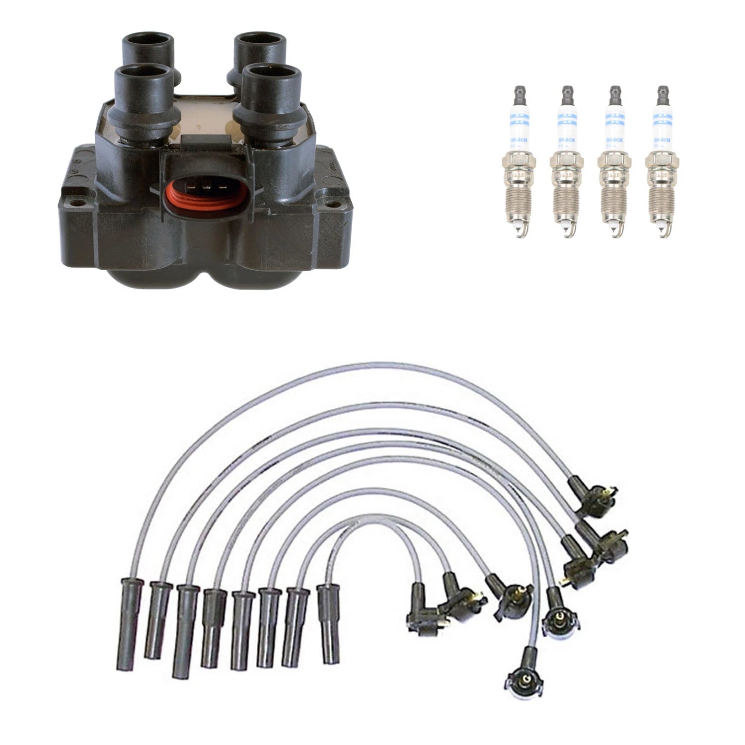 Set of 4 Denso Ignition Coil Wires & Bosch Platinum Spark Plugs for Mustang