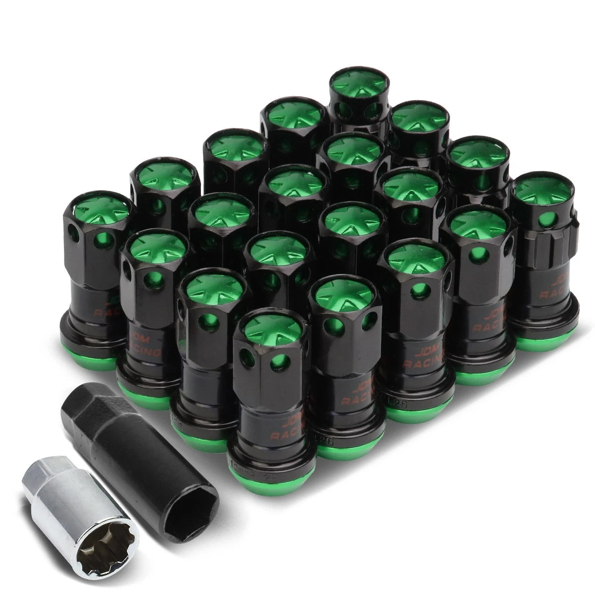 Set of 16 Aluminum Green Rim Lock Nuts + Adapter M12x1.25 for
