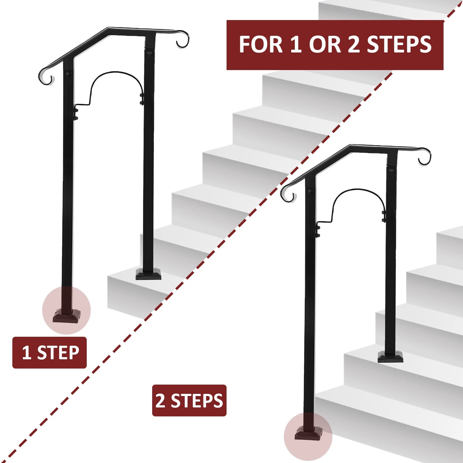 Adjustable Steel Step Handrail for Outdoor Stairs (1-2 Steps)