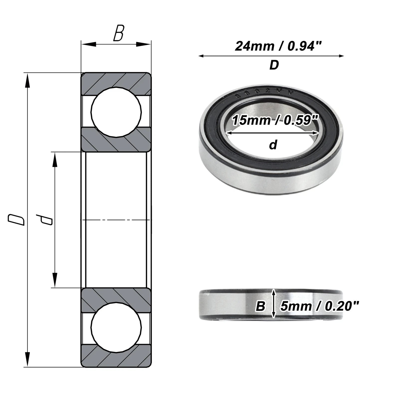 6802VV Deep Groove Ball Bearing for Scooter Skateboard Wheel (15x24x5mm)
