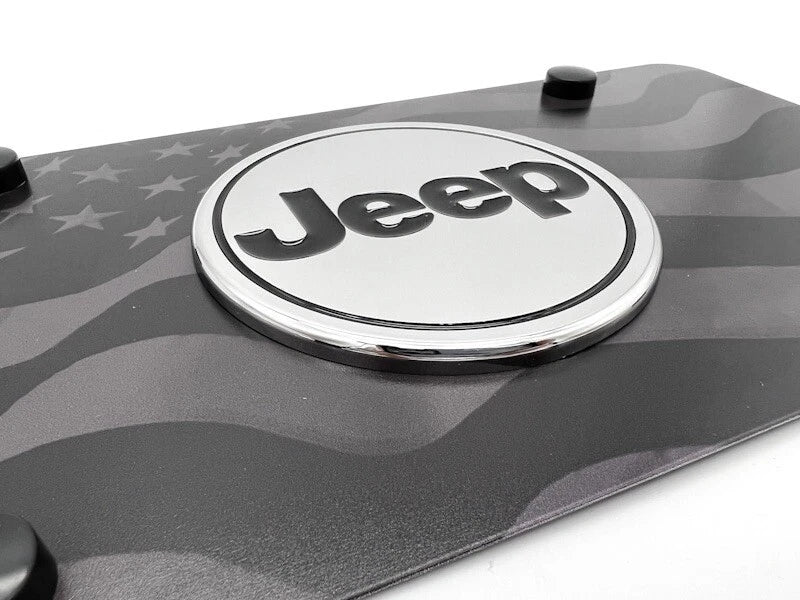 License Plate Cover Premium Black Wave with American Flag for Jeep Wrangler (2007–2024)