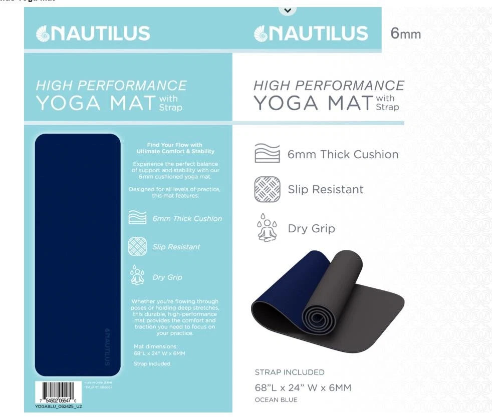 Nautilus High Performance Yoga Mat 6mm with Strap (68"x24")