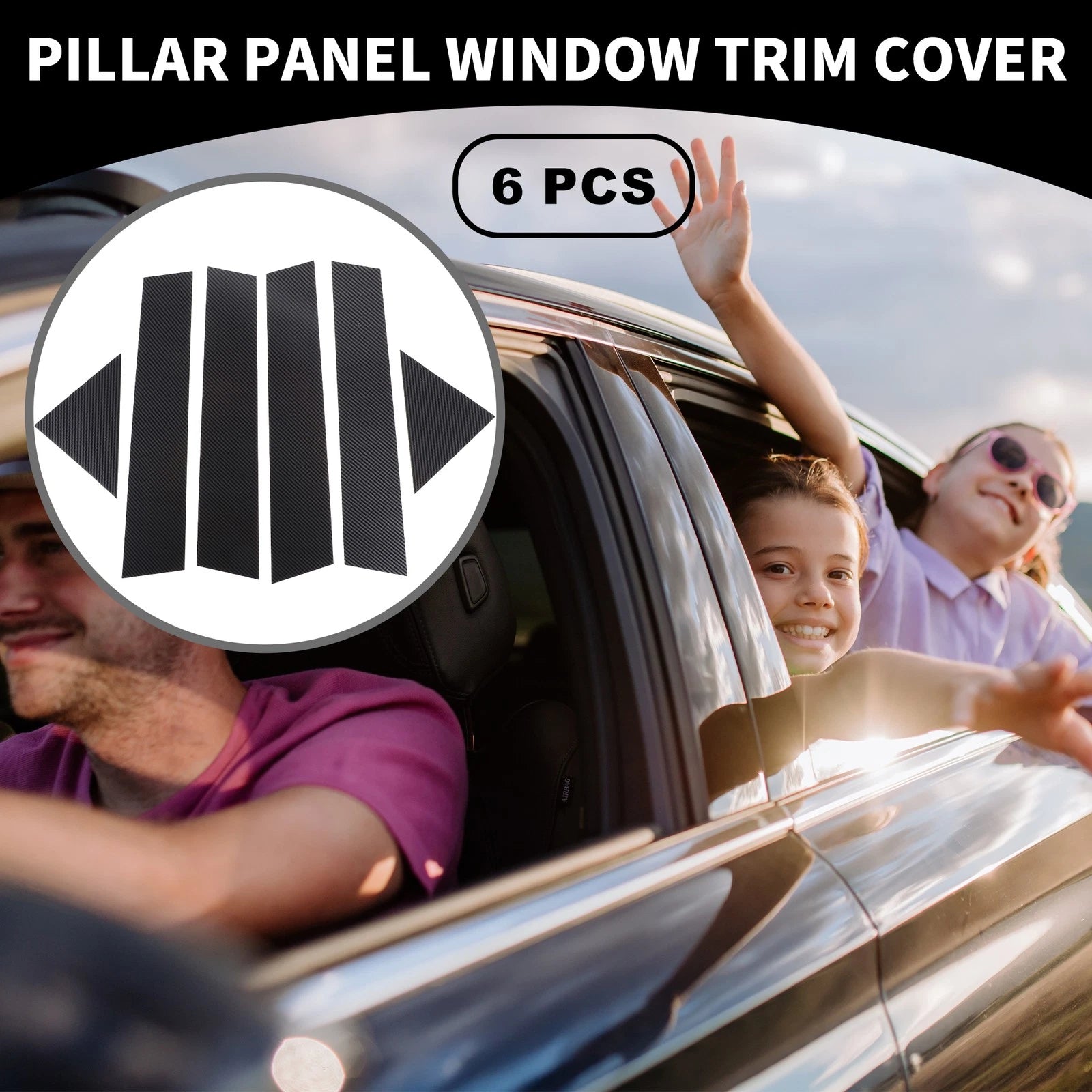 Set of 6 Car Pillar Window Trim Covers for Dodge Magnum (2005–2008) Black Carbon Fiber