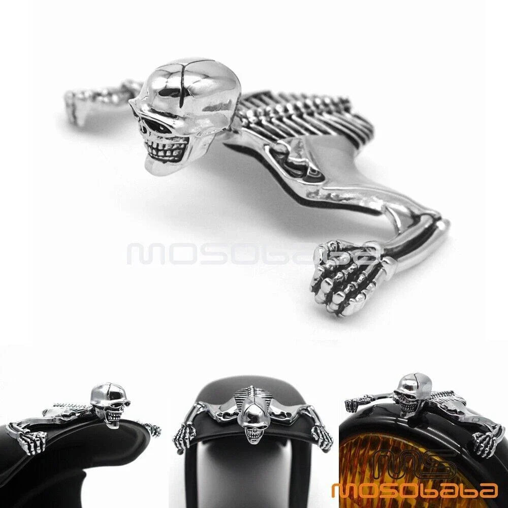 7" Headlight Visor & Fender Chrome Skull Ornament for Harley