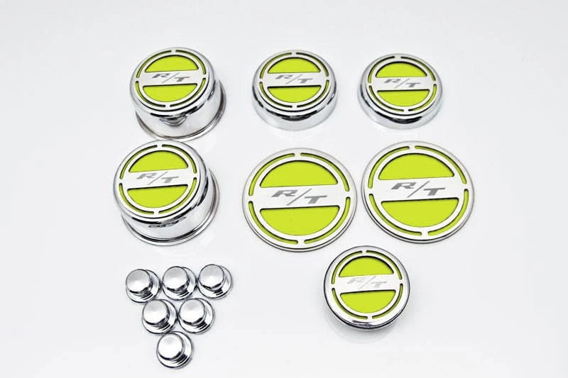 13pc Etched "R/T" Fluid Cap Covers w/Sublime Green Inlay for 2008-19 Challenger