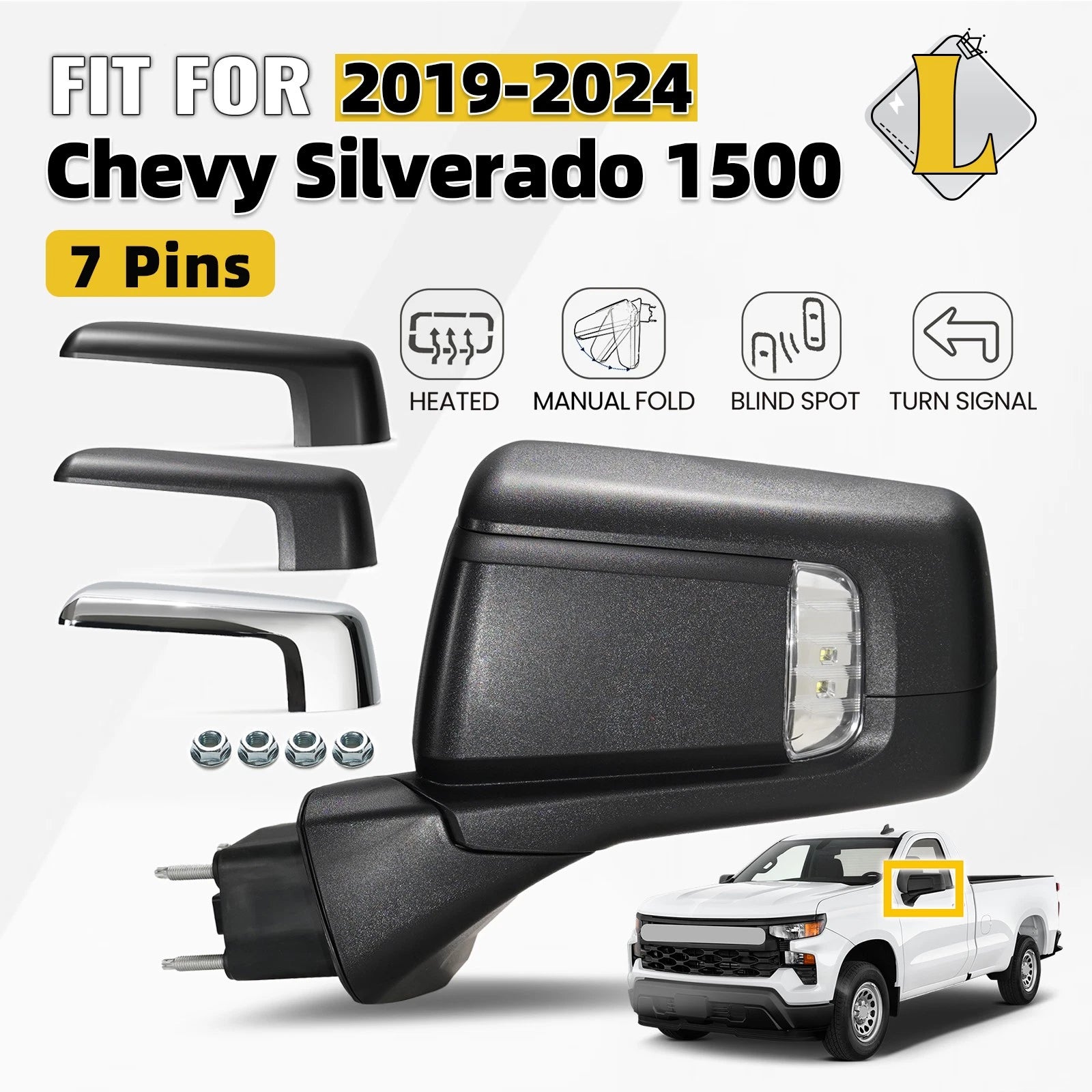 Side Mirror for Chevy Silverado 1500 (2019–2024) W/Blind Spot, Heated, 7 Pins