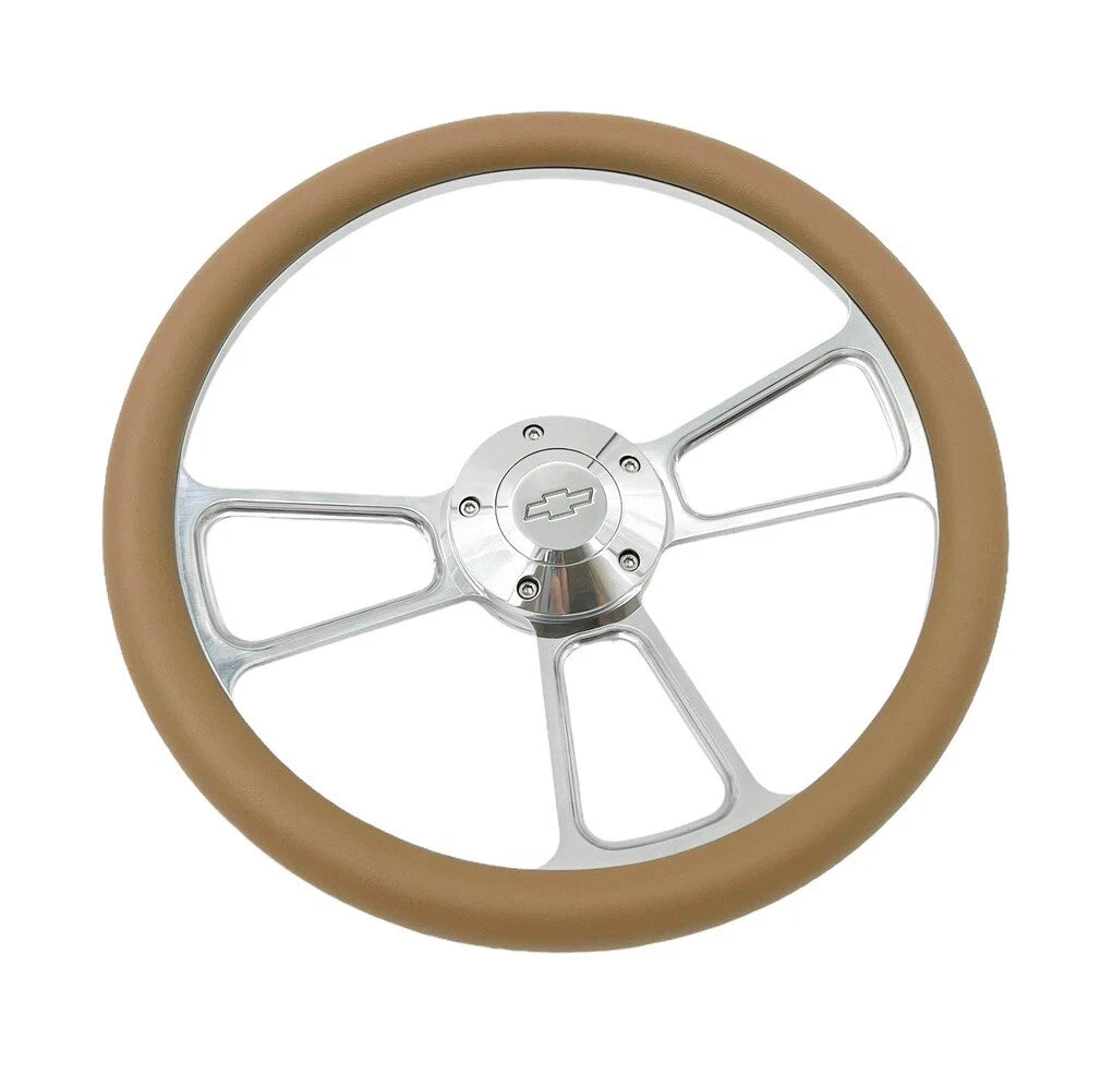 Billet Steering Wheel with Tan Wrap and Chevy Bowtie Horn for 14 Inch