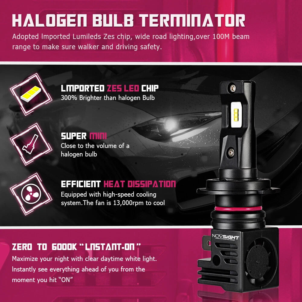 H7 LED Headlight Bulbs Kit for NOVSIGHT (10000LM, 6000K, 55W)