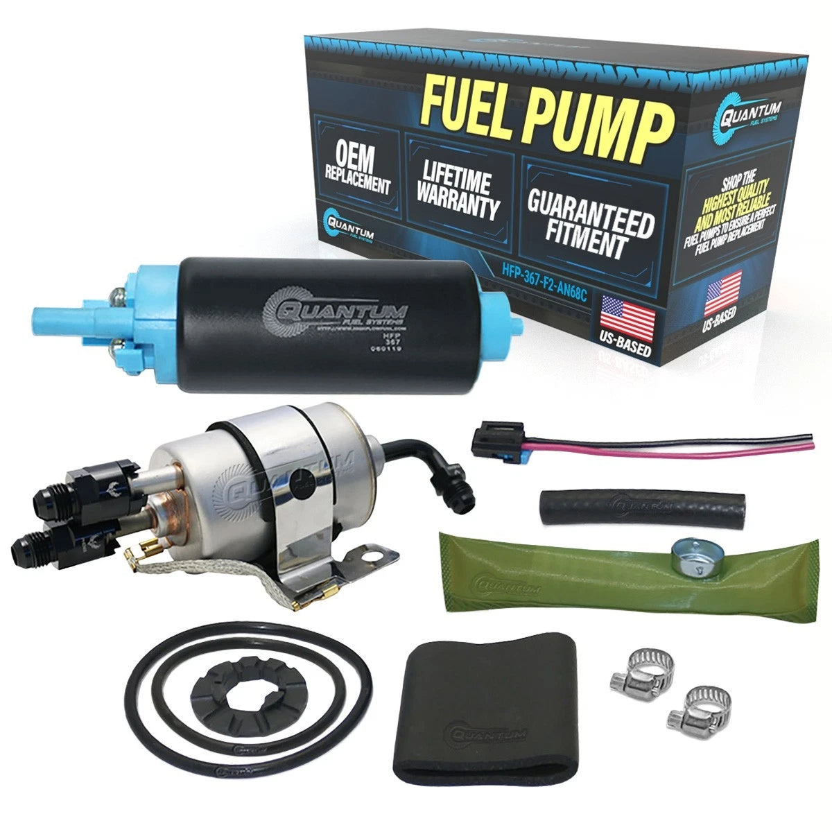 QFS Intank Fuel Pump + Filter for GM (1982–1995) EP381 6AN/8AN Fittings