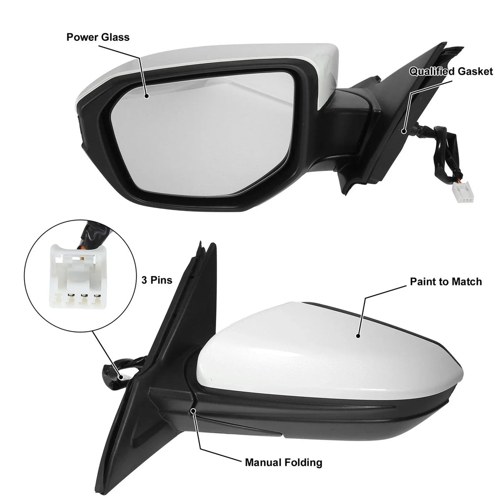 Left Side Exterior Door Mirror Assembly White for Honda Civic (2016-2021)