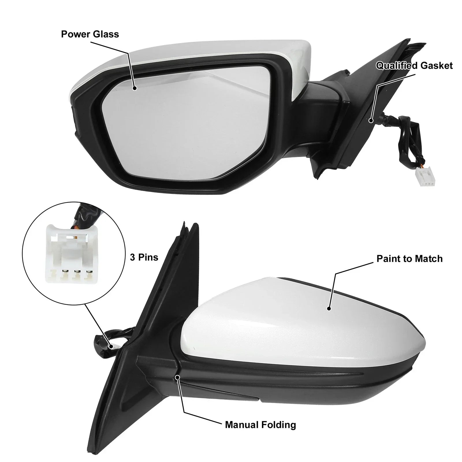 Left Side Exterior Door Mirror Assembly White for Honda Civic (2016-2021)