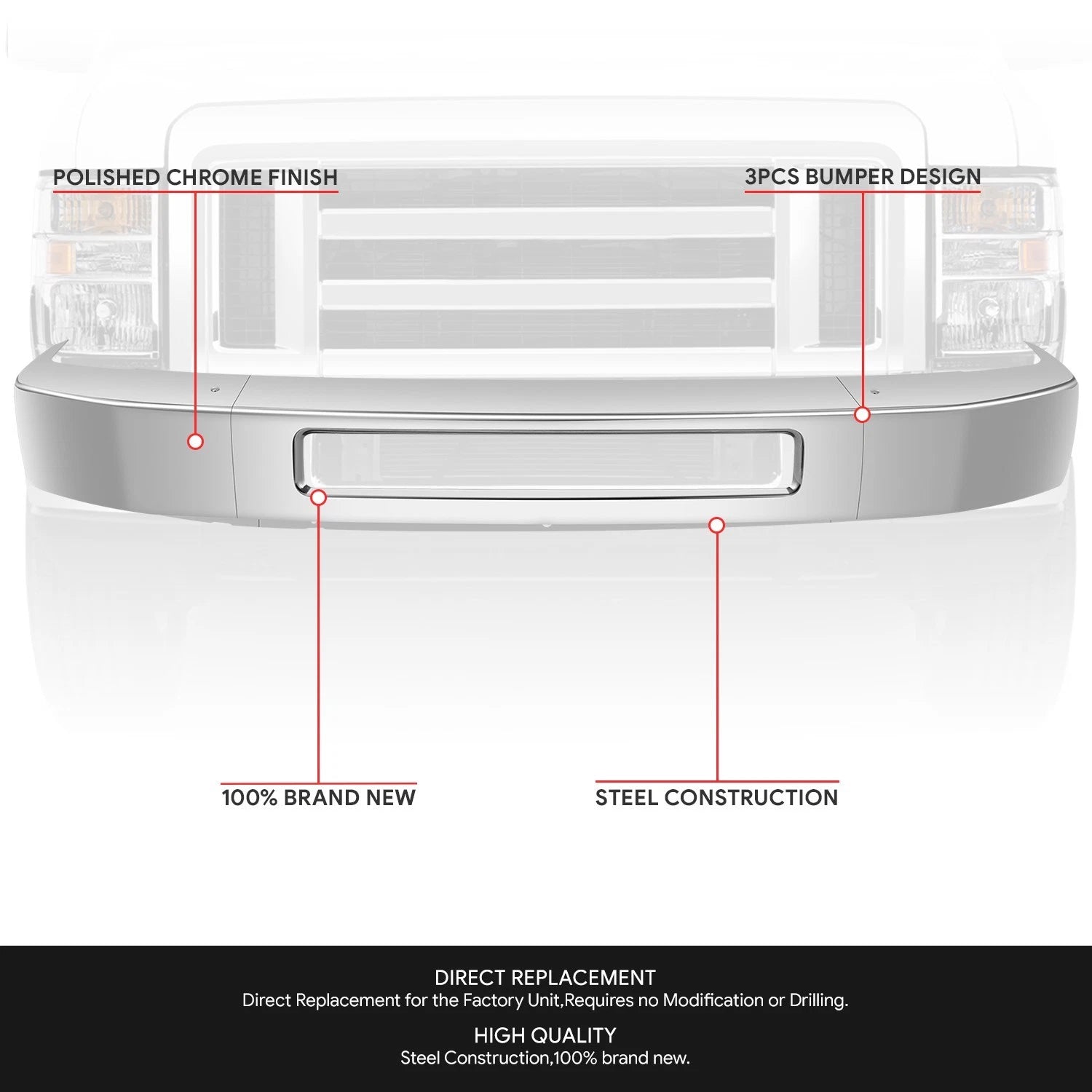 Chrome Front Bumper Face Bar for Ford E-150 E-250 E-350 E-450 (2008–2019)