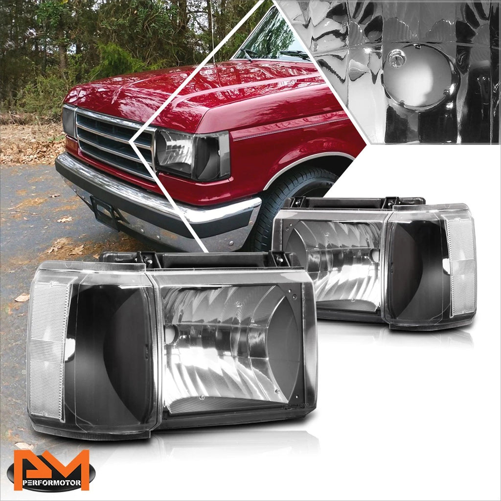 Set of 2 Black Housing Headlights with Clear Corner Lamp for Ford F150/F250/F350/Bronco (1987–1991)