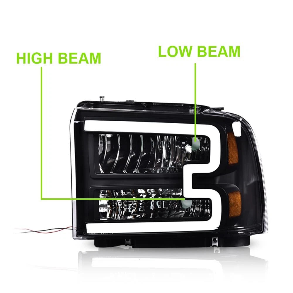 LED DRL Black Headlights for Ford F250 F350 F450 F550 Super Duty (2005–2007)
