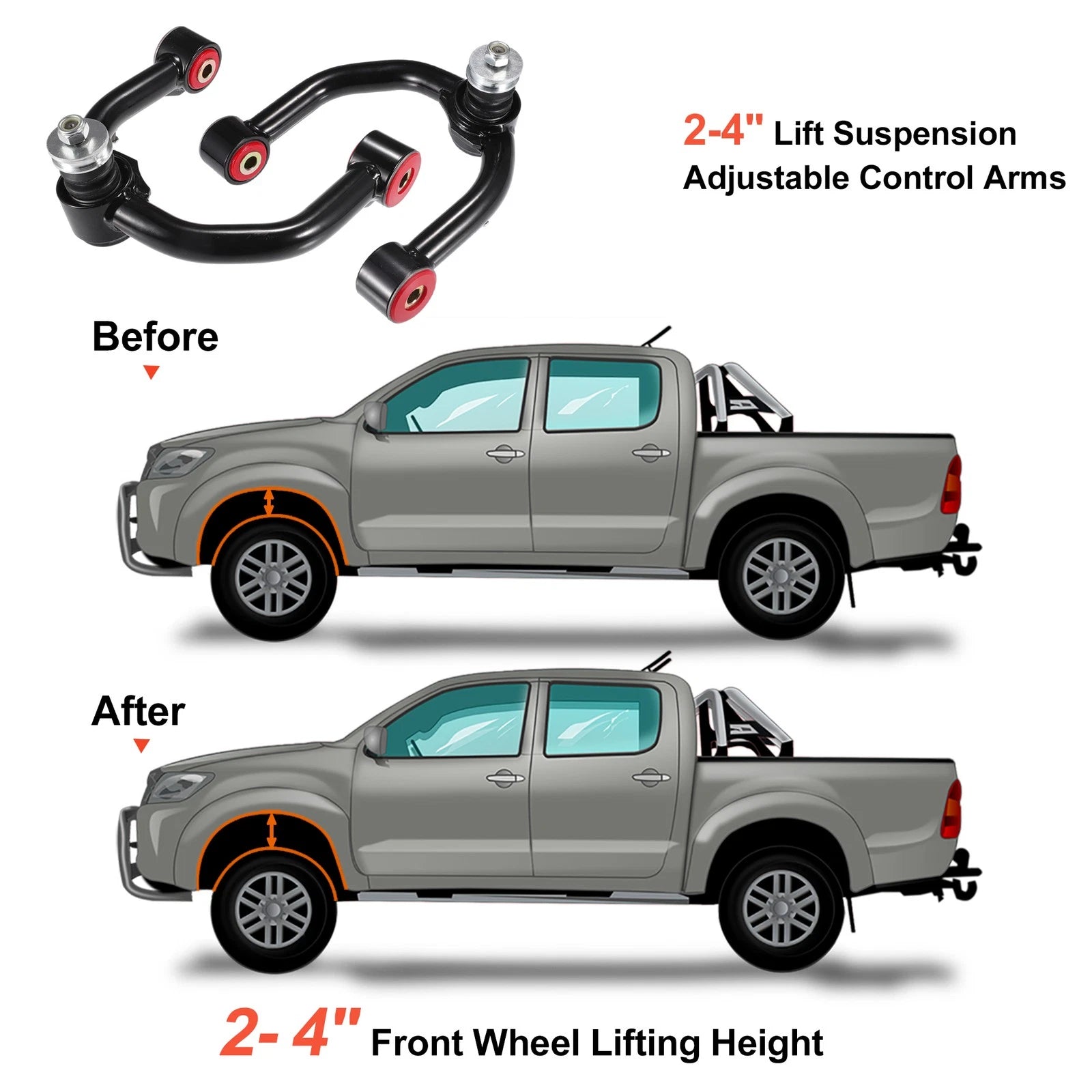 Pair of 2-4" Front Upper Control Arms for Toyota Tacoma (1996–2003) Black Red