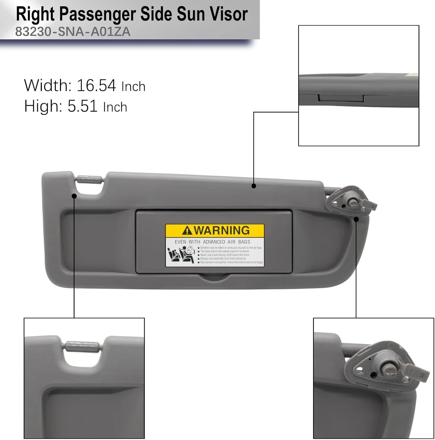 Grey RH Passenger Side Sun Visor 83230SNAA01ZA for Honda Civic Sedan (2006–2011)