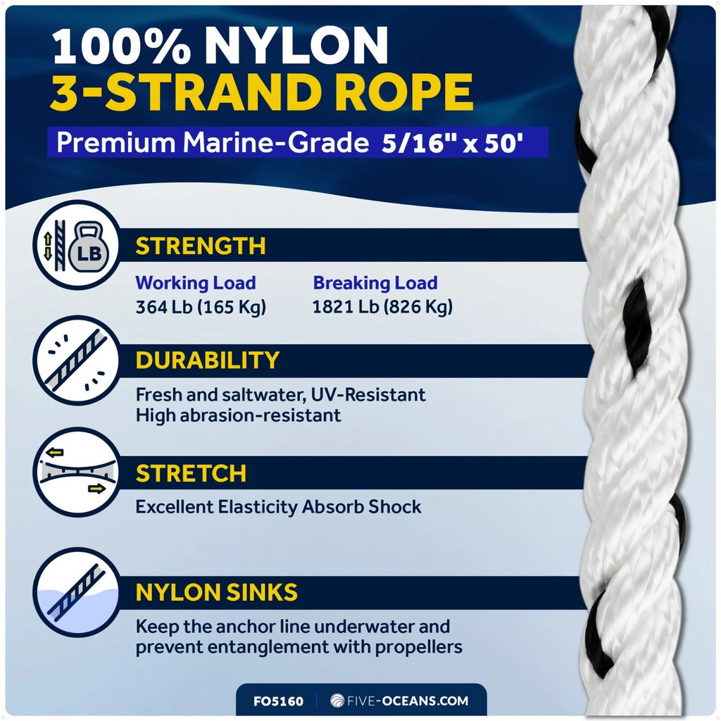 Anchor Rode 5/16" x 50' Rope with 1/4" x 2' Galvanized Chain