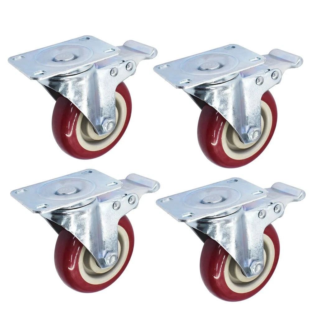 Set of 4 Swivel Caster Wheels with Total Lock Brake - 4" Red Polyurethane