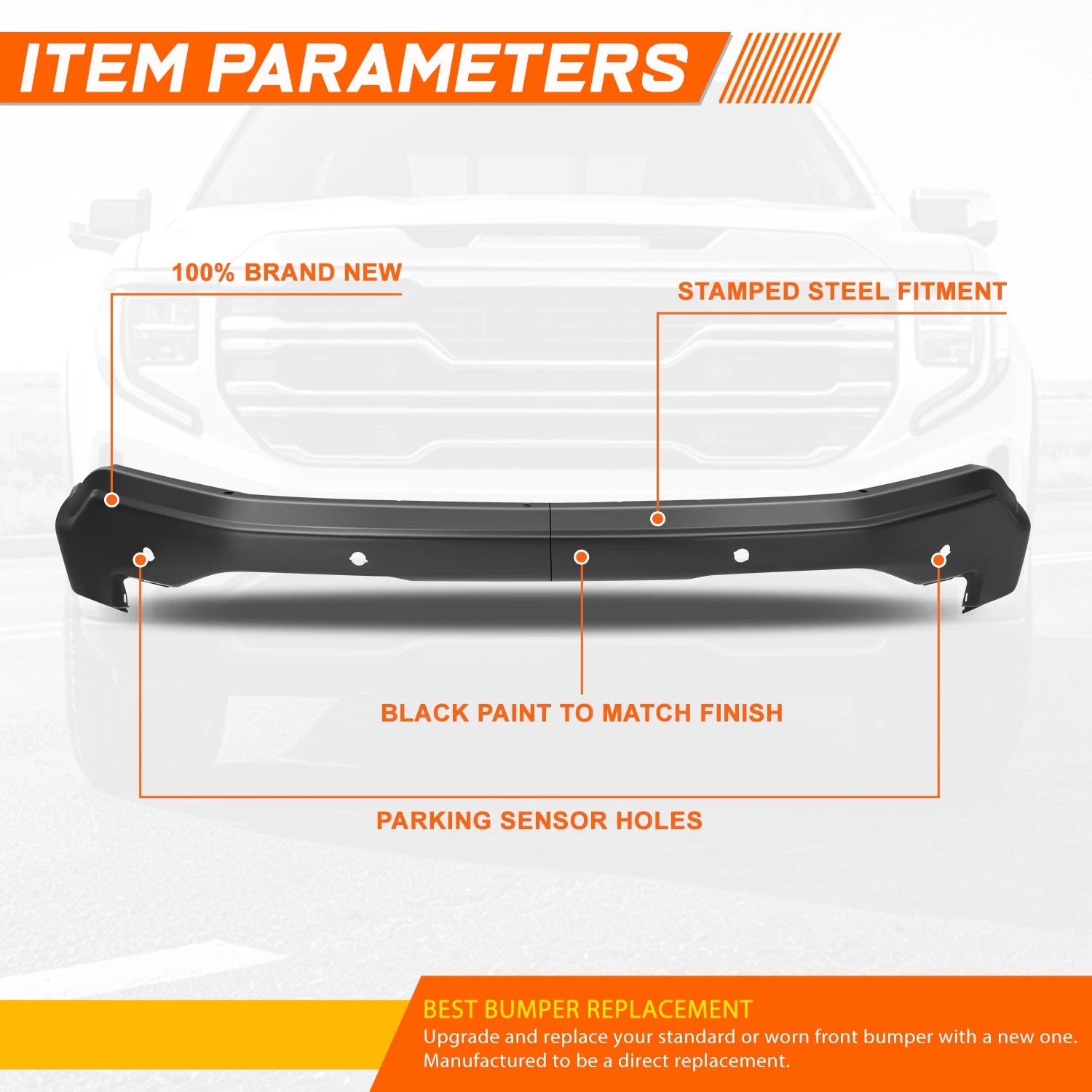 Front Bumper Impact Bar for GMC Sierra 1500 LTD (2022–2026) w/Park Sensor Holes Black